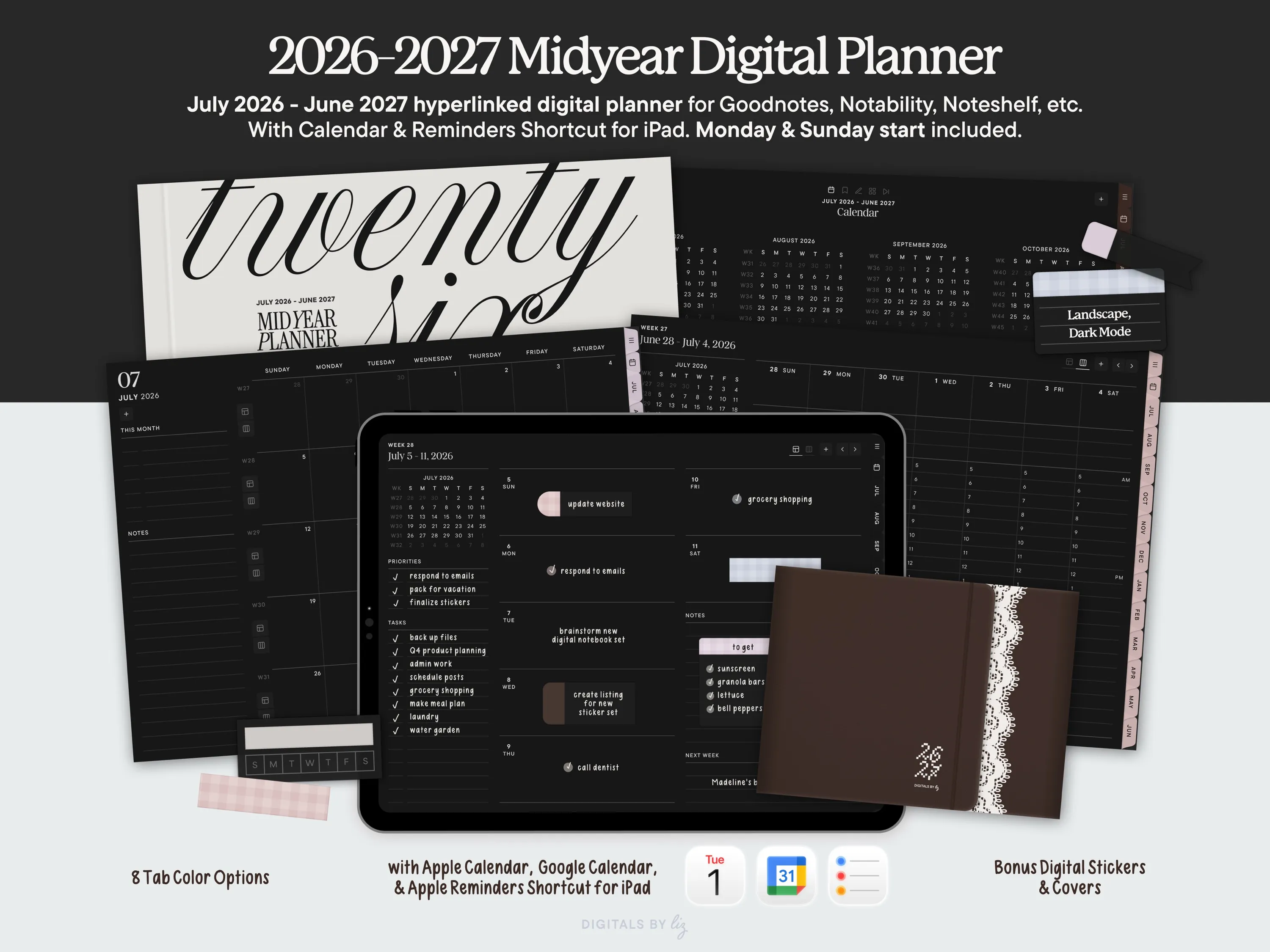 Landscape, Dark Mode June 2026 - July 2027 Digital Planner
