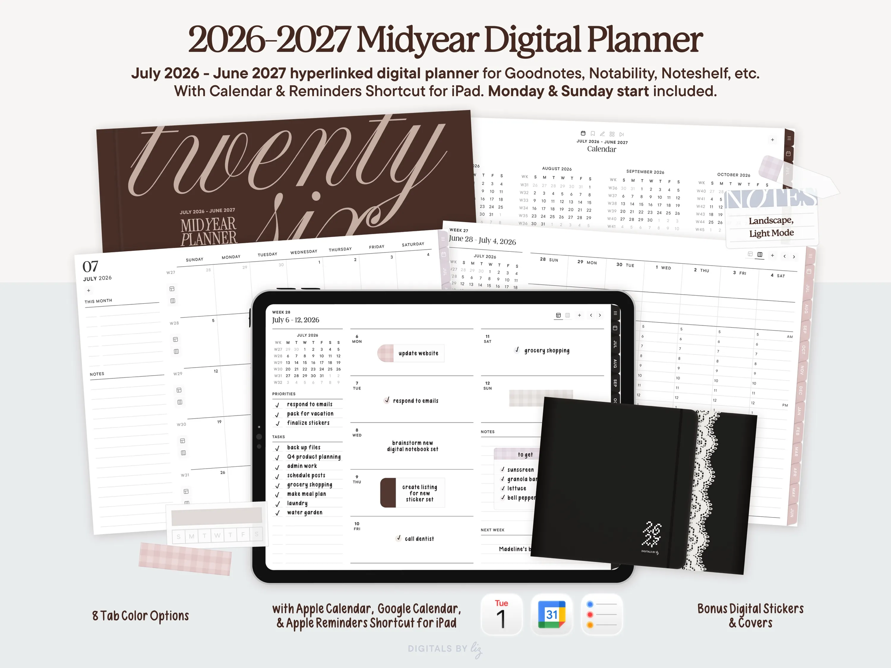 Landscape, Light Mode June 2026 - July 2027 Digital Planner