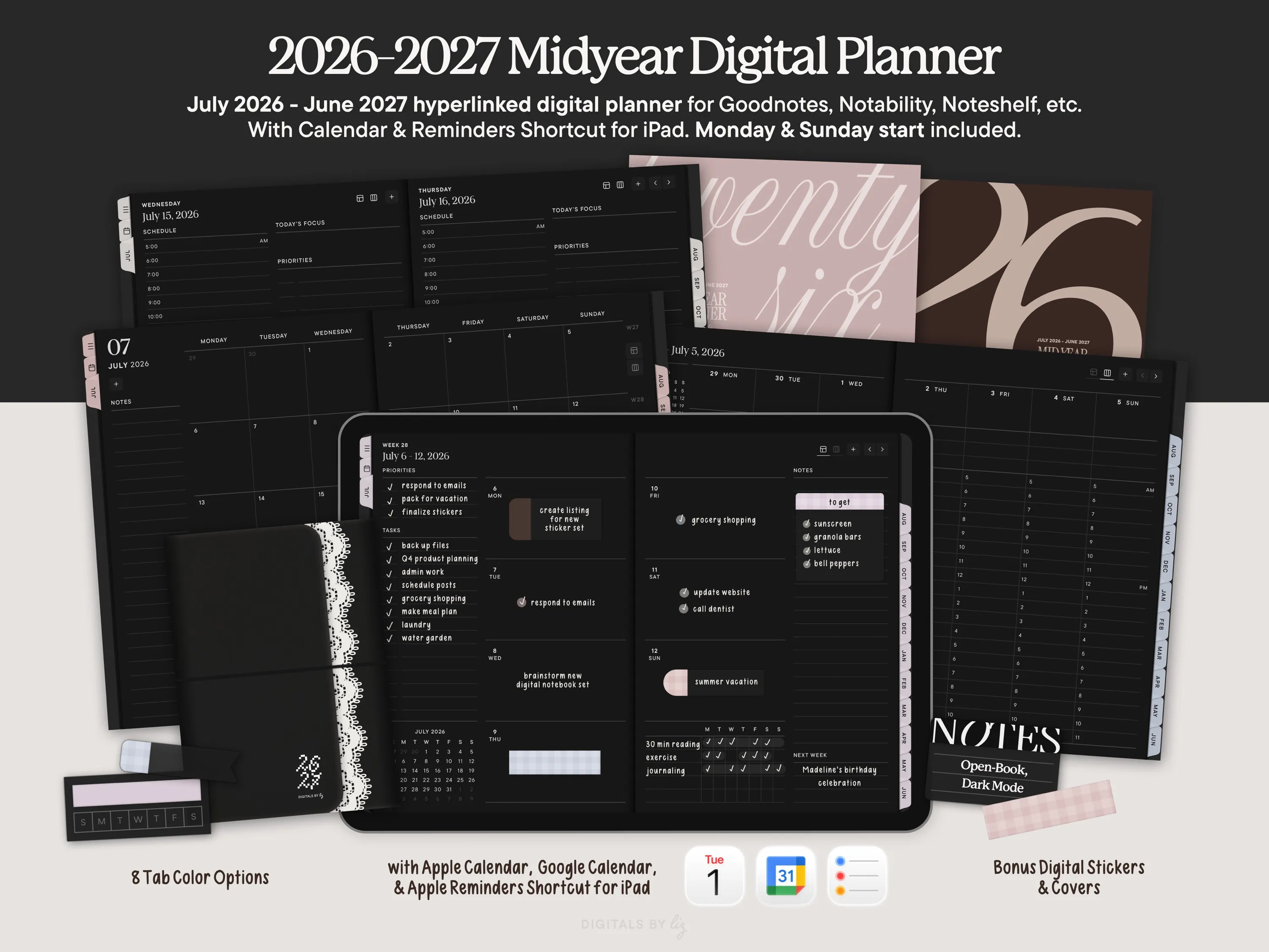 Open-Book, Dark Mode June 2026 - July 2027 Digital Planner