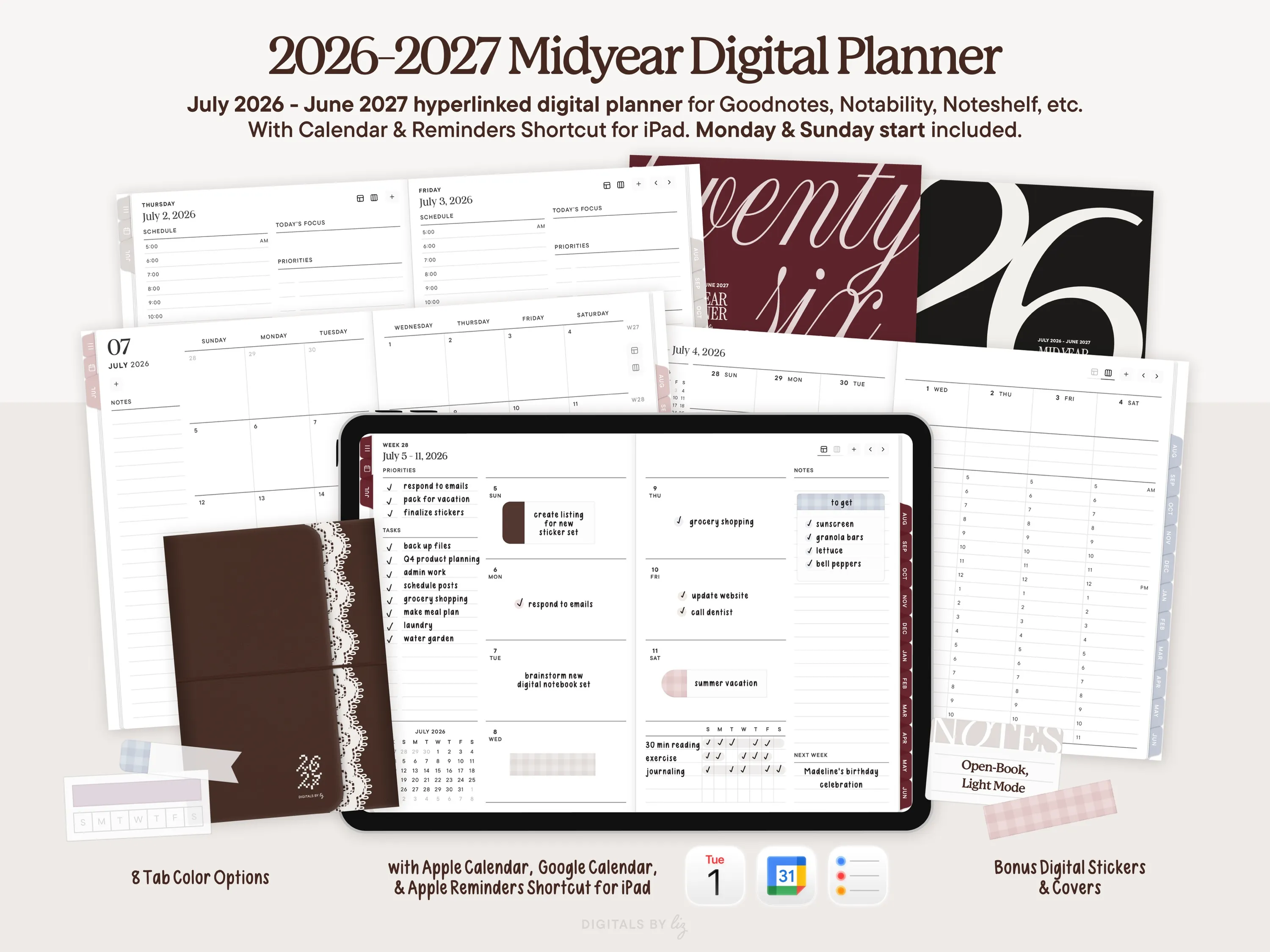 Open-Book, Light Mode June 2026 - July 2027 Digital Planner