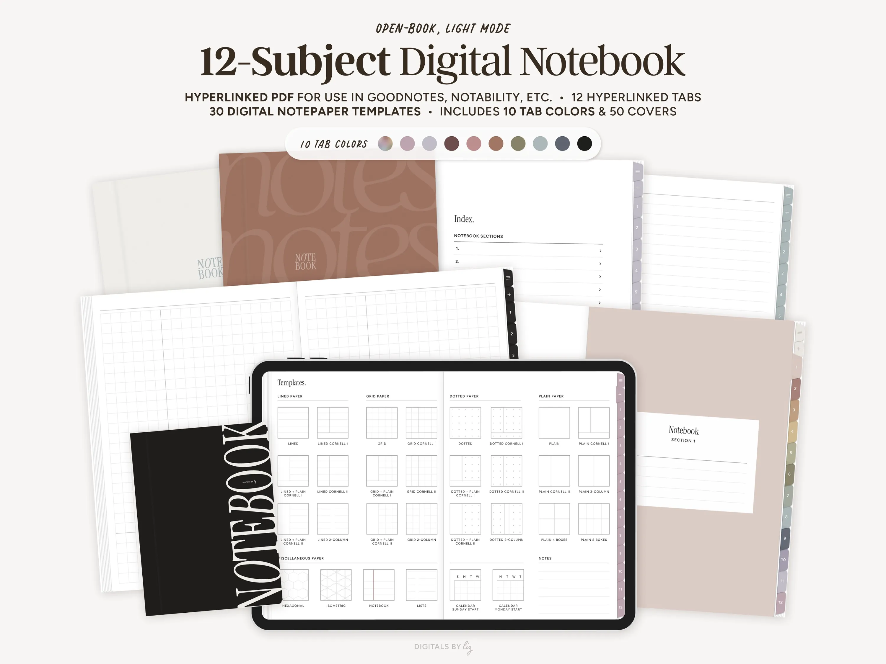 Open-Book, Light Mode Minimalist 12-Subject Digital Notebooks