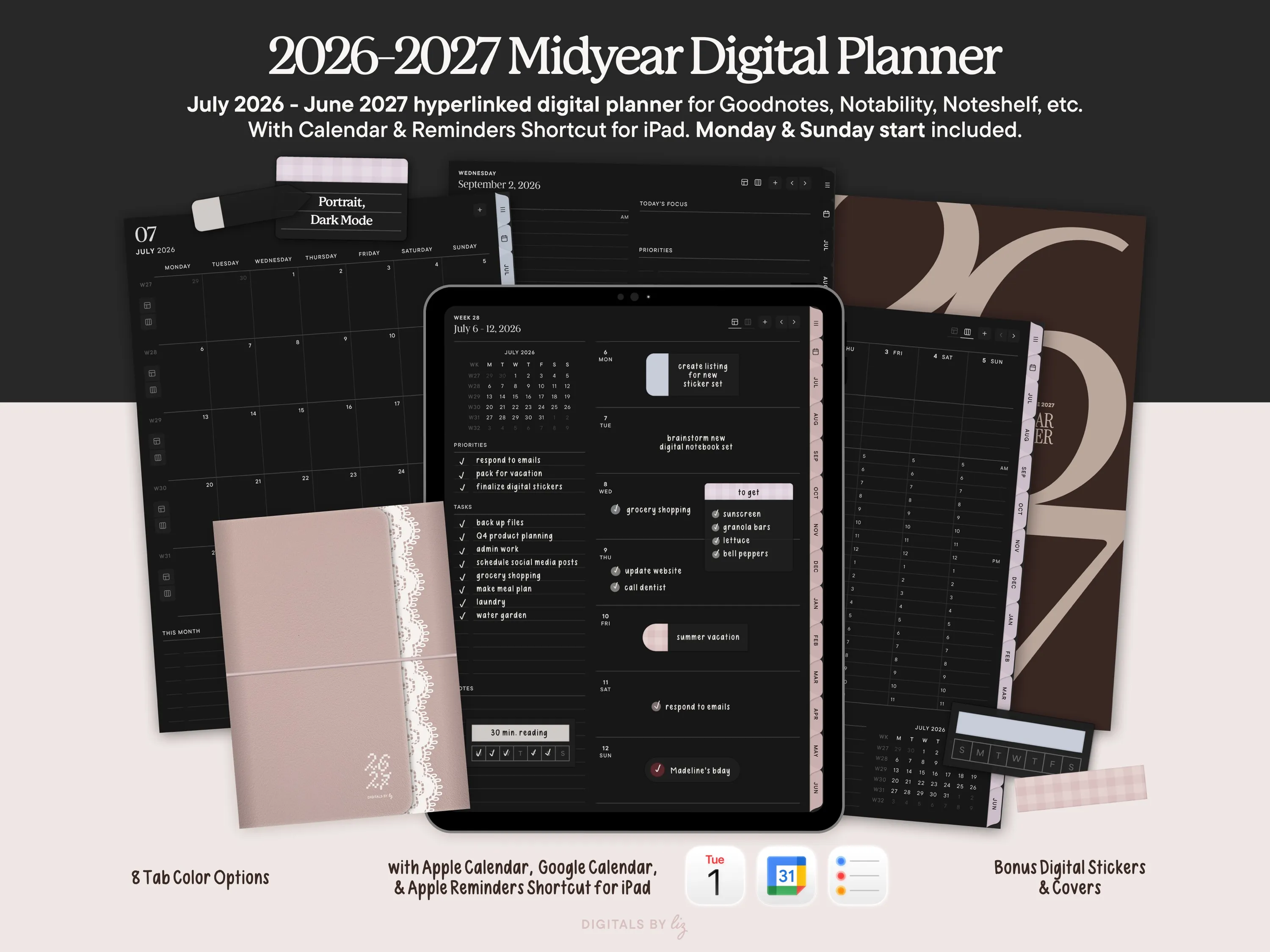 Portrait, Dark Mode June 2026 - July 2027 Digital Planner