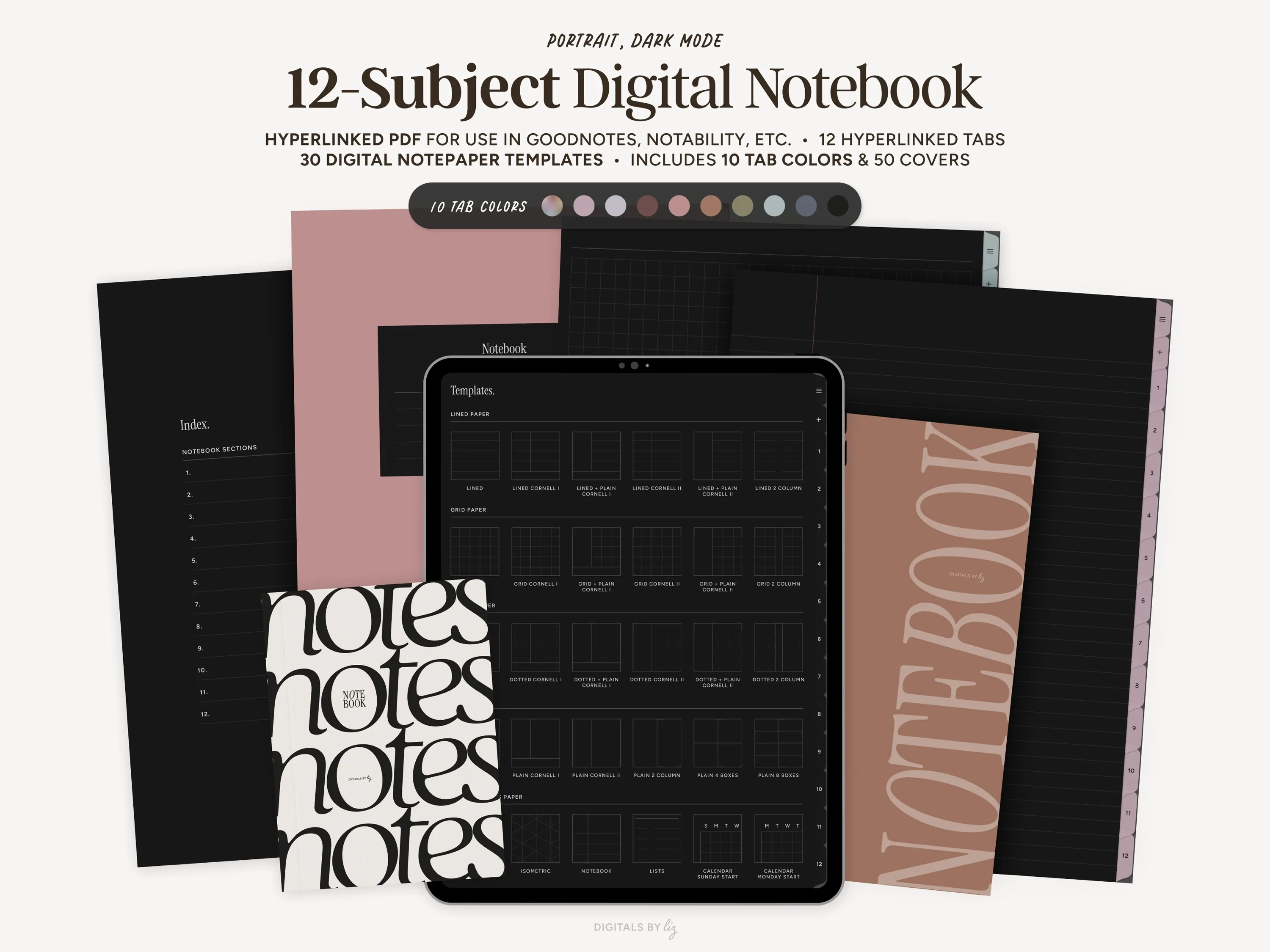 Portrait, Dark Mode Minimalist 12-Subject Digital Notebooks