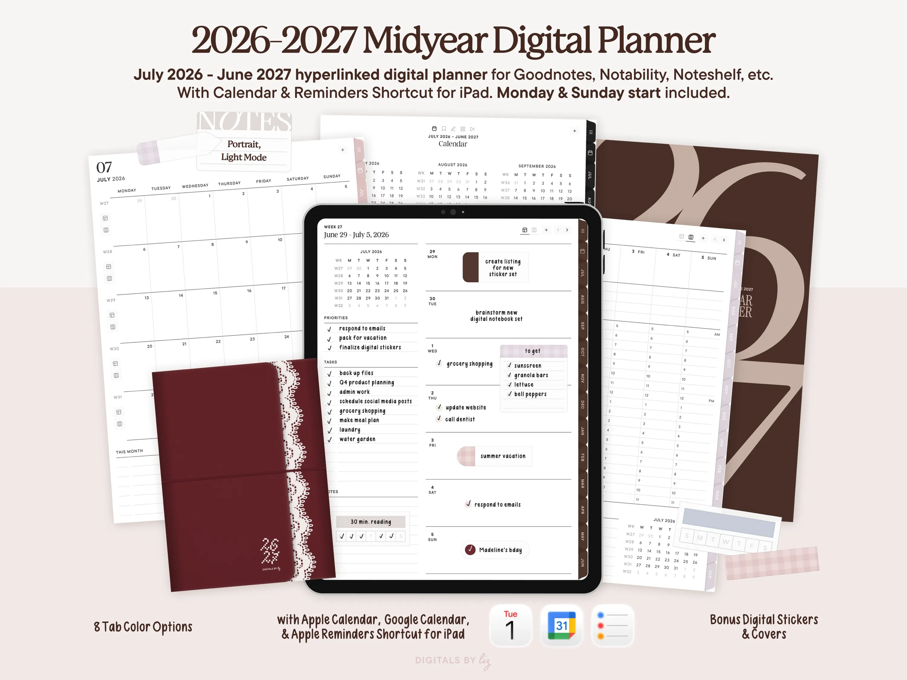 Portrait, Light Mode June 2026 - July 2027 Digital Planner